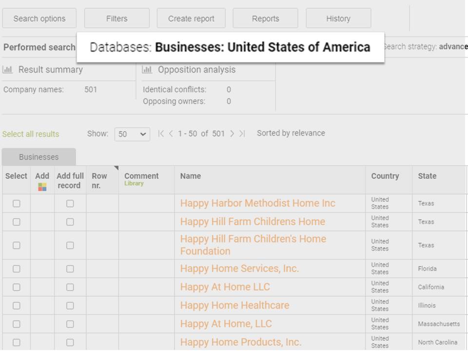 New business name search options in ProSearch